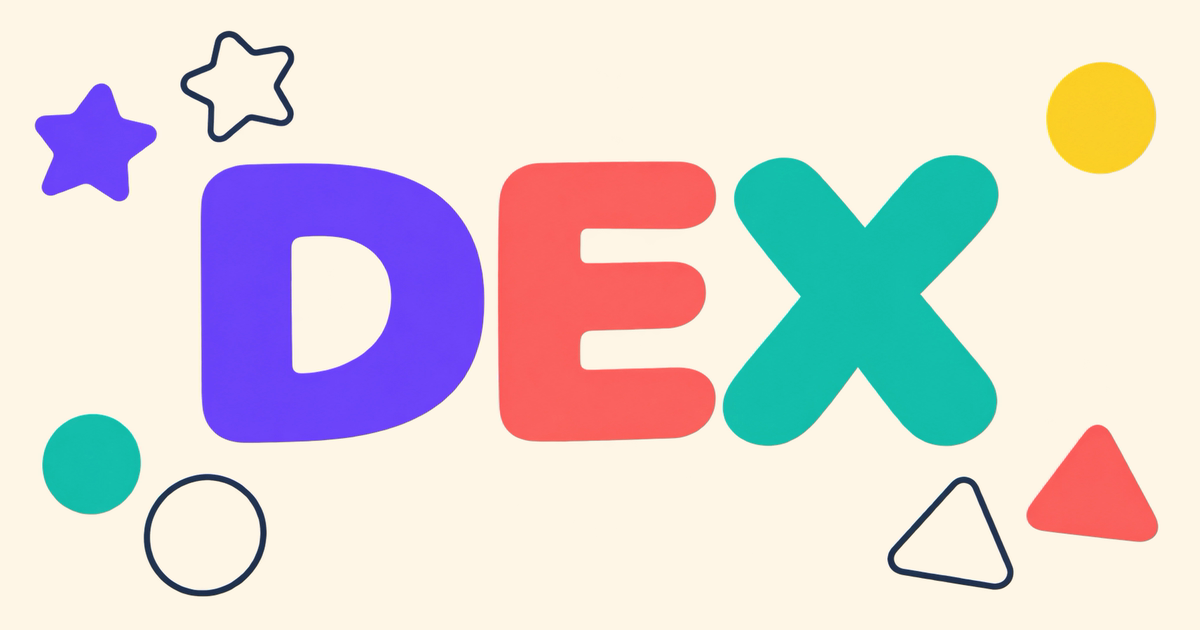 Nombre Dex rodeado de figuras geométricas de colores